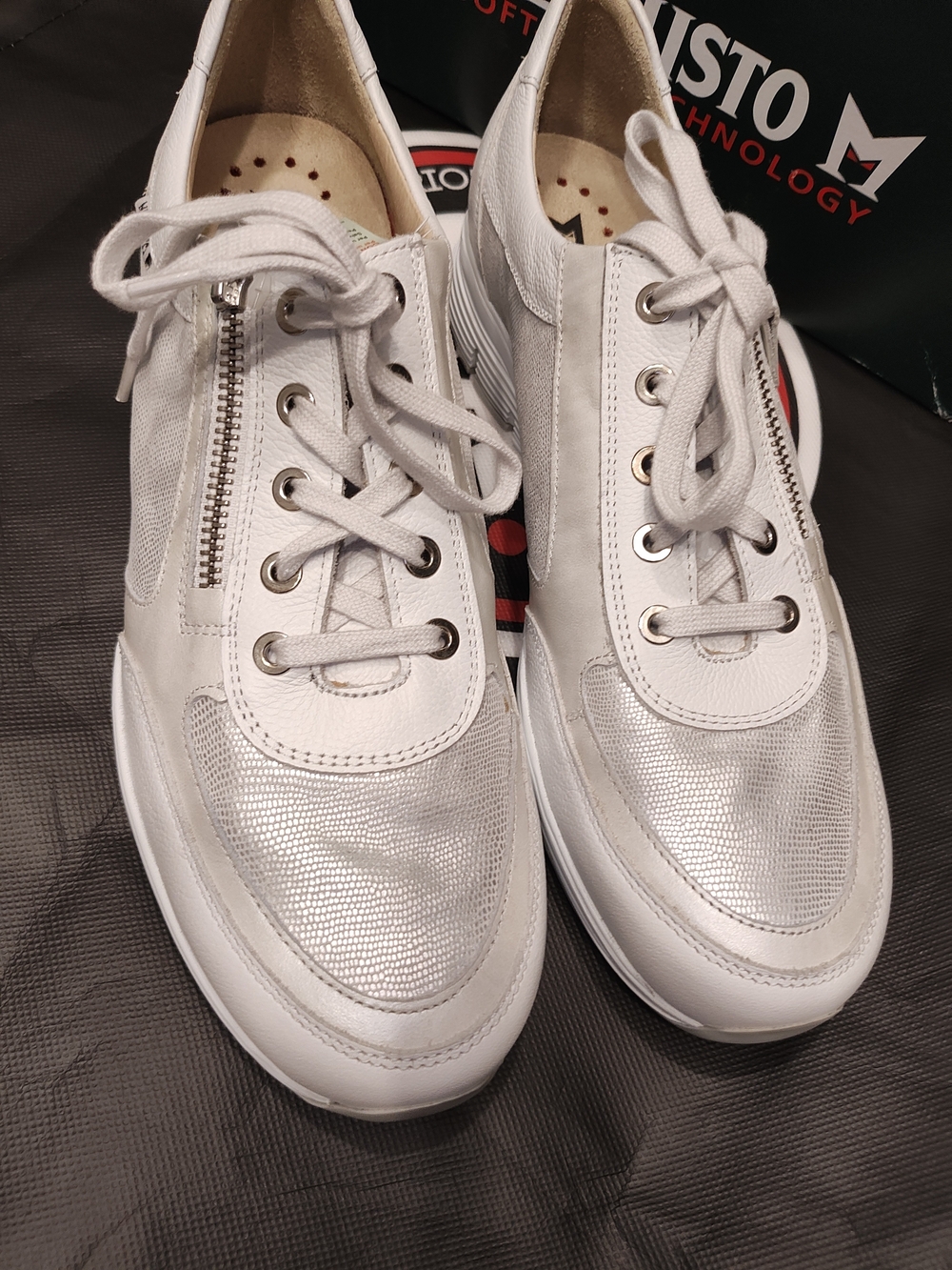 Mephisto Women’s White Leather & Metallic Silver Lace-Up Sneakers with Side Zip
